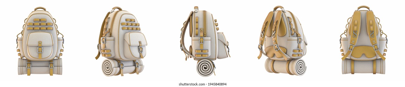 Canvas and leather backpack Rotating view 3D render illustration isolated on white background - Powered by Shutterstock