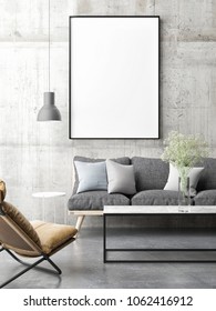 Canvas Mock Up Minimal Scandinavian Design, Living Room, 3d Render, 3d Illustration