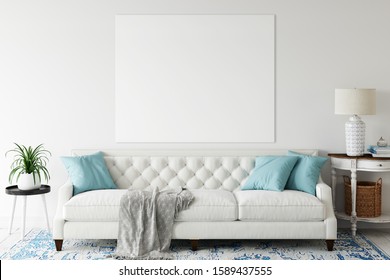 Canvas Mockup. Coastal Scandinavian Interior Style. 3d Rendering, 3d Illustration