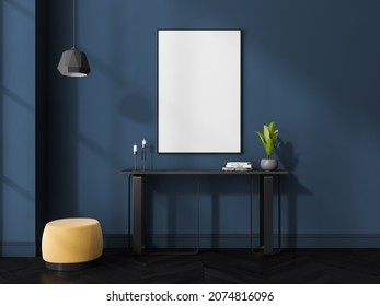 Canvas on blue wall in bedroom interior with elegant console table, pendant lamp, accent yellow padded stool and black parquet floor. Concept of modern design. Mock up. 3d rendering