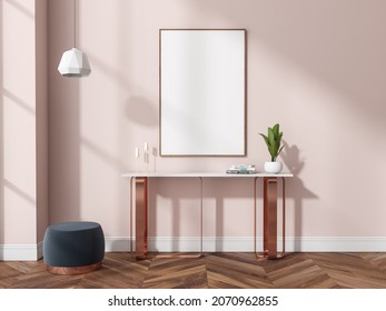 Canvas on wall in pink bedroom interior with elegant copper console table, pendant lamp, dark padded stool and parquet floor. Concept of modern design. Mock up. 3d rendering