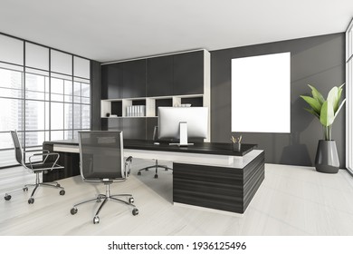 Canvas Poster In Dark Office Consulting Room With Table And Desktop Computer, Armchairs On White Parquet Floor. Shelf With Business Files, Plant And Windows. 3D Rendering, No People