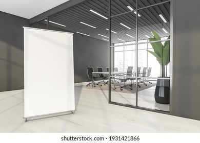 Canvas Template Near Business Room With Black Armchairs And Table, Grey Carpet On White Parquet Floor. Advertisement Board Near Meeting Room Entrance, 3D Rendering No People