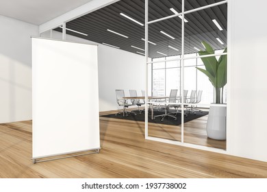 Canvas Template Near Business Room With White Armchairs And Wooden Table, Black Carpet On Parquet Floor. Advertisement Board Near Meeting Room Entrance, 3D Rendering No People