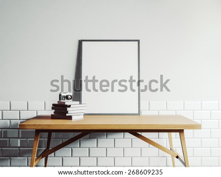 Canvas template on the table in white room. 3D rendering