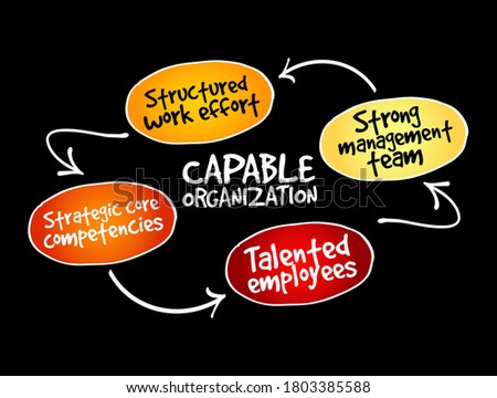 Capable Organization - includes putting together a strong management team, and recruiting and retaining employees with the needed experience, mind map concept background