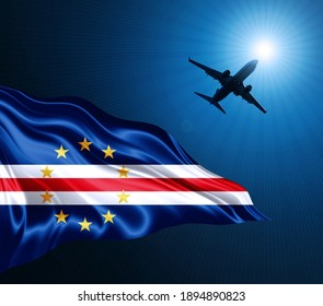 Cape Verde Flag Of Silk At Night With An Airplane On The Sky Background-3D Illustration