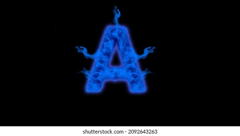 Capital Alphabet written by real blue fire 3d illustration isolated on black background, blue fire letter A, blue blaze letter a