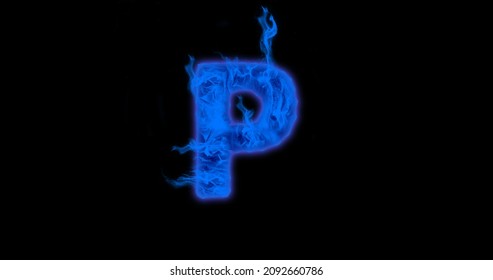 Capital Alphabet written by real blue fire 3d illustration isolated on black background, blue fire letter p