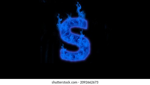 Capital Alphabet written by real blue fire 3d illustration isolated on black background, blue fire letter s