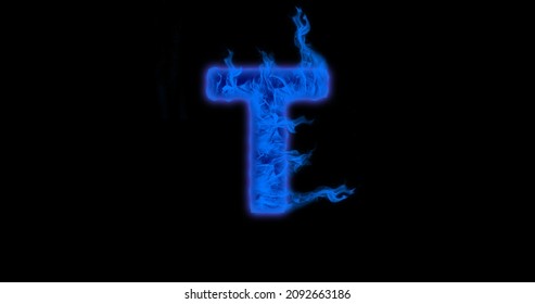 Capital Alphabet written by real blue fire 3d illustration isolated on black background, blue fire letter t