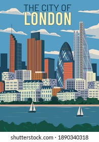 Capital Financial In Europe  The City Of London Skyline And Thames River Blue Sky Illustration  Best For Travel Poster  With Vintage Retro Style