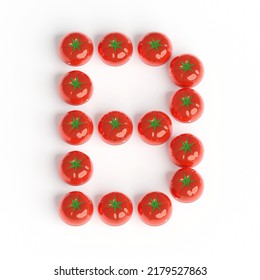 Capital Letter B From Pomodoro Kitchen Timer. Font From Shiny Red Plastic Tomato Timers. White Background. Bright Font For Menu Or Food Blog. 3d Illustration. Lettering Design Element. Initial Cap