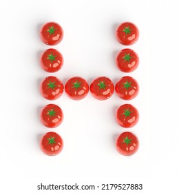 Capital Letter H From Pomodoro Kitchen Timer. Font From Shiny Red Plastic Tomato Timers. White Background. Bright Font For Menu Or Food Blog. 3d Illustration. Lettering Design Element. Initial Cap