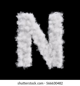 Capital letter N font of white cloud shape. Cloudy alphabet. 3d rendering illustration. Isolated on black background