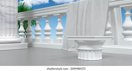 The Capital Stands On The Stone Floor Like A Pedistal For The Presentation Of The Product. Elements Of Classical Architecture Capital, Balustrade, Column And Drapery For The Background. 3D Rendering.