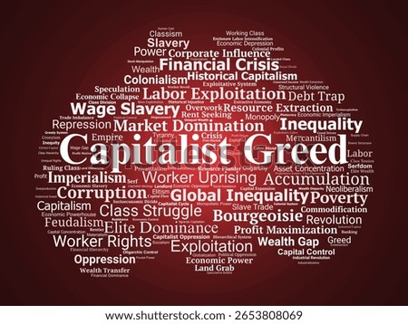 Capitalist Greed Word Cloud. A visual journey into exploitation, inequality, and power from feudal systems to modern global capitalism.