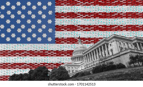 Capitol Hill COVID-19, US Flag Made From Blood Testing And Vaccine Vials, Abstract Virus Testing During Pandemic Concept, State Building Washington DC, USA, 3d Illustration