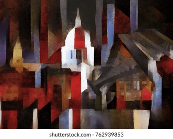 Capitol. The Picture Is Drawn As An Abstraction In The Style Of Cubism. Oil On Canvas With Elements Of Pastel Painting. Primitivism In The Style Of Picasso And Georges Braque.