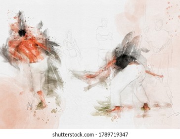 Capoeira Martial Arts in Brazil. Digital watercolor illustration. Traditional culture. Personal defense concept.