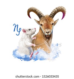 Capricorn Creative Digital Illustration Of Astrological Sign. Rat Or Mouse Symboll Of 2020 Year Signs In Zodiac. Horoscope Earth Element. Logo With Sea-goat. Graphic Design Clip Art For Web And Print