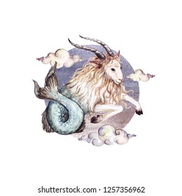 Capricorn - Zodiac Symbol. Watercolor Illustration.