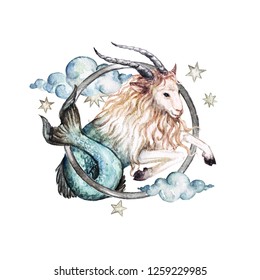 Capricorn - Zodiac Symbol. Watercolor Illustration.