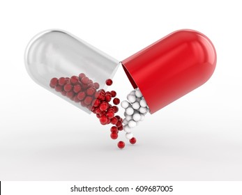 Capsule with drug on white background. 3D rendering