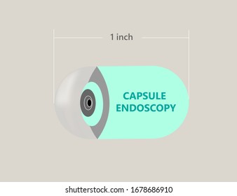 Capsule Endoscopy Or Gastroenterology Pill-sized Camera Pillcam For Stomach Diagnosis. Medical Illustration 3d Render Of New Technology Capsule Endoscopy Pill Cam With Led Light.