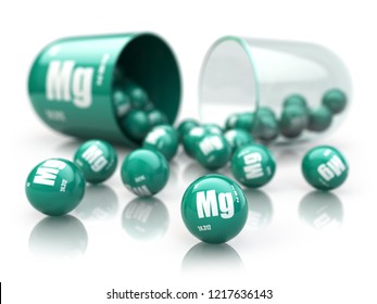 Capsule with magnesium Mg  element.  Dietary supplements. Vitamin capsule isolated on white. 3d illustration