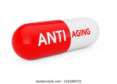 Capsule Pill With Anti Aging Sigh On A White Background. 3d Rendering