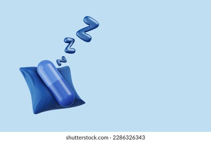 Capsule pills on blue pillow on light blue background. Concept sleeping pill, deep sleep, anesthesia, medicine for hangover, induce good night's sleep and good dreams. Clipping path. 3D illustration.
