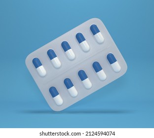 Capsule tablets in a blister. 3d rendering. 
