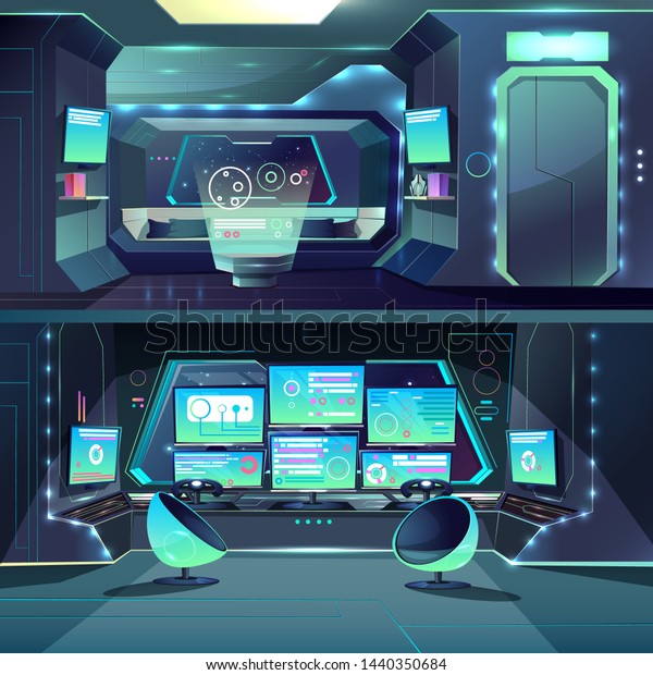 データセンター インターフェイス およびサーバを備えた未来的な宇宙船のキャビン 宇宙人のオーロップの内部の漫画 宇宙船のコックピット 星間ロケット ゲームの背景にsf のイラスト素材