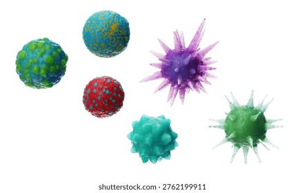 Captivating 3D render of stylized microscopic organisms. Vibrant bacteria, cells, and spiky virus models, isolated on a white background.