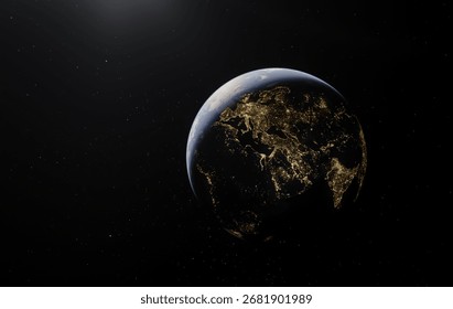 A captivating 3D rendering showcasing Earth at night with illuminated city lights.
