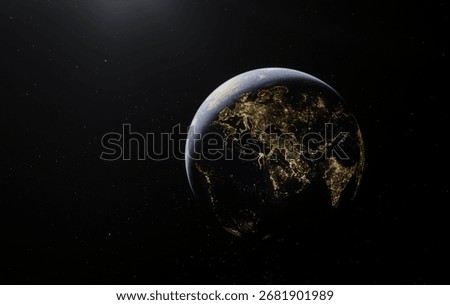 A captivating 3D rendering showcasing Earth at night with illuminated city lights.