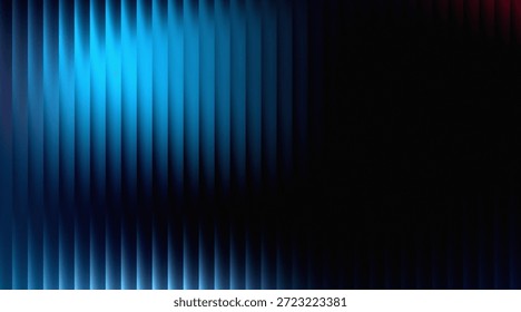 A captivating abstract background featuring vibrant blue vertical lines that glow brightly on the left side, gradually dimming and fading into a deep, textured black on the right. The parallel lines create a sense of depth and movement, resembling digital circuits, light bars, or a futuristic city skyline viewed through blinds. The contrast between the brilliant blue and the dark expanse evokes a modern, technological, and mysterious atmosphere, ideal for various graphic design applications, presentations, or digital art.
