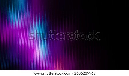 A captivating abstract composition featuring undulating vertical lines bathed in electric purple and cyan light, set against a deep black void, evoking a sense of digital wonder.