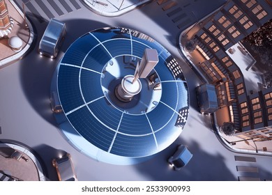 Captivating aerial shot of a futuristic city hub showcasing a giant solar panel, surrounded by sleek autonomous vehicles and innovative architecture under a serene dusk sky. - Powered by Shutterstock