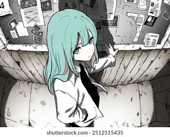 A captivating anime-style illustration of a young girl with teal hair, standing in a mysterious room filled with pinned papers and notes on the wall. - Powered by Shutterstock