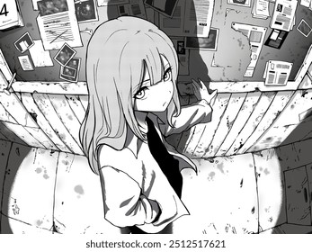 A captivating anime-style illustration of a young girl with teal hair, standing in a mysterious room filled with pinned papers and notes on the wall. Greyscale version. - Powered by Shutterstock