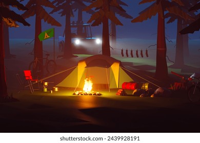 Captivating campsite in a forest clearing at dusk, featuring a cozy tent, glowing campfire, a bike, outdoor chairs, and an off-road vehicle, perfectly blending adventure with peace. - Powered by Shutterstock