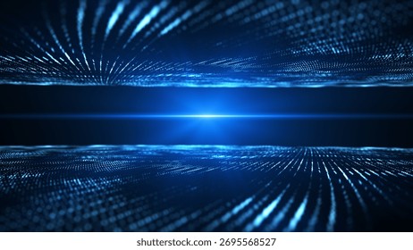A captivating digital technology scene features a symmetrical blue light at the center, with dynamic glowing dots and lines creating a tunnel effect, embodying a futuristic and high-tech vibe.