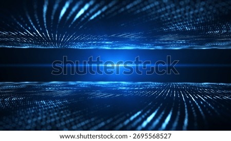 A captivating digital technology scene features a symmetrical blue light at the center, with dynamic glowing dots and lines creating a tunnel effect, embodying a futuristic and high-tech vibe.