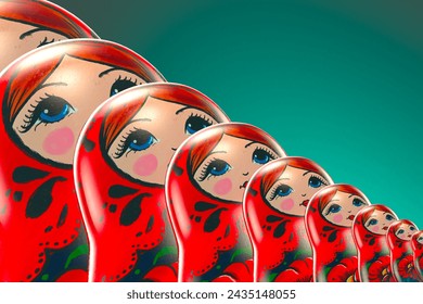 A captivating display of Russian Matryoshka nesting dolls, showcasing intricate patterns and folk art, arrayed in descending order against a mesmerizing gradient background.