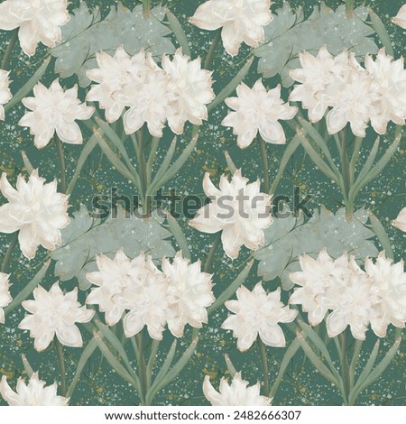 Captivating Elegant Floral Pattern set against a Green Background featuring Delicate White Flowers