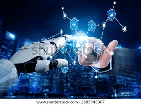 A captivating image of a robot hand reaching out to connect with a human finger against a futuristic city backdrop. Symbols and data connections highlight innovation. Tessel