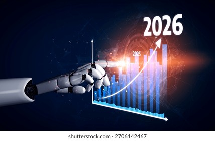 A captivating image of a robotic hand indicating a rising bar chart with data projections for 2025 and 2026, symbolizing innovation and technological growth. Tessel - Powered by Shutterstock - Get 15% off with code: PIKWIZARD15