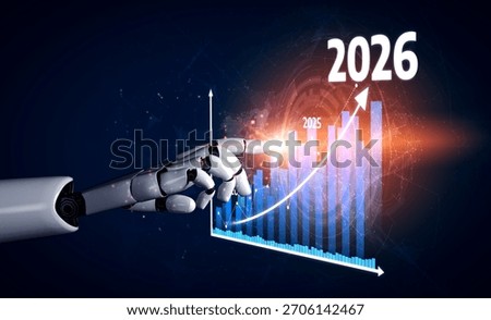 A captivating image of a robotic hand indicating a rising bar chart with data projections for 2025 and 2026, symbolizing innovation and technological growth. Tessel